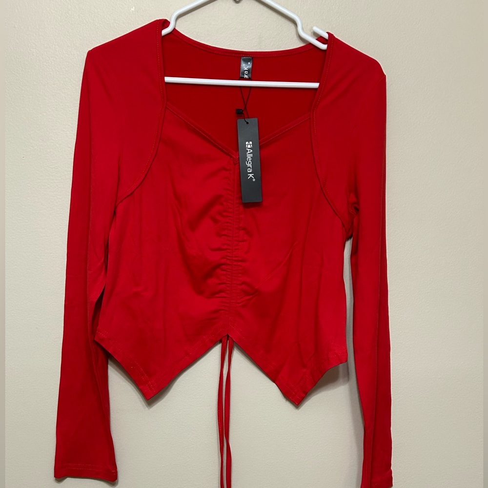 Allegra K Red Long-Sleeve Ruched Tie-Front Top NWT